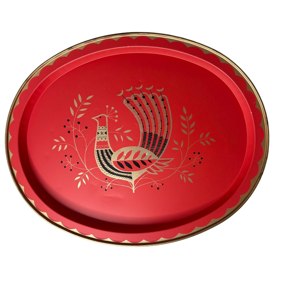 VTG Fabcraft Red Metal Serving Tray Mid Century Modern Bird Gold Scalloped Retro